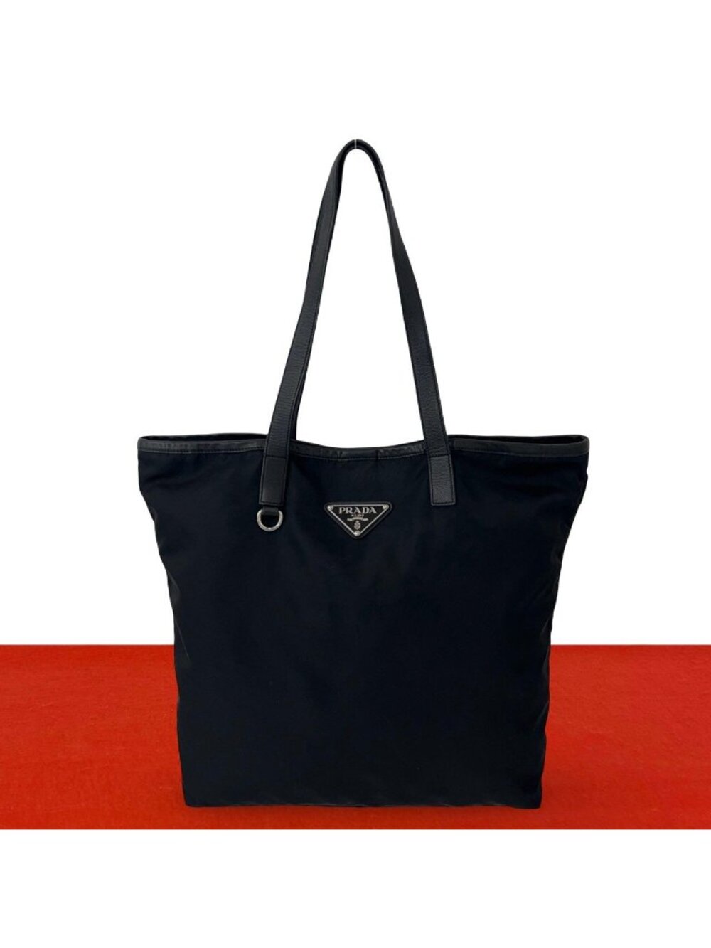 Prada Triangle Logo Tessuto Pocono Nylon Leather Tote Bag Black